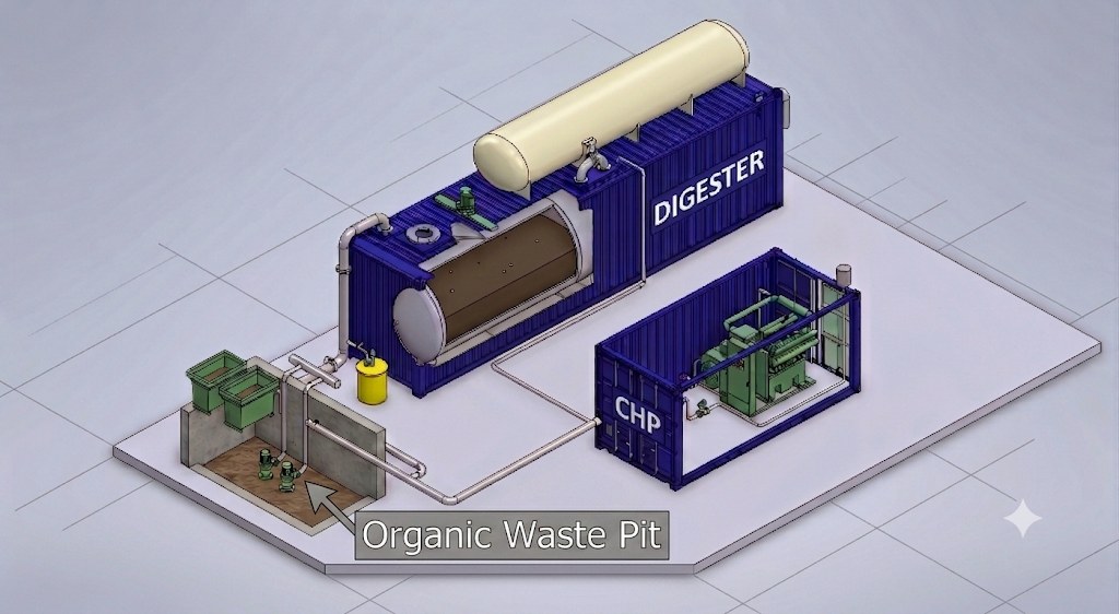 Isometric engineering illustration of a modular containerized biogas plant: organic waste pit, digester with gas holder, and a combined heat-and-power container.